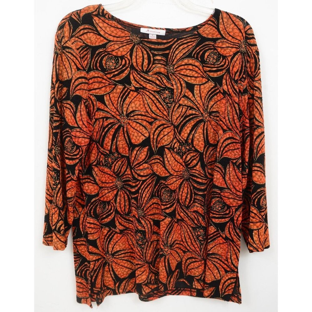 JM Collection Women's XL Orange Artsy Floral 3/4 Sleeve Top Blouse Boat Neck